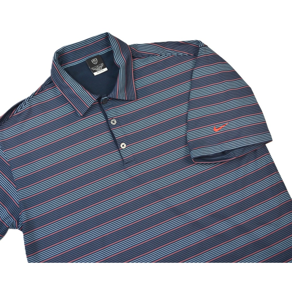 Nike Golf Dri-FIT UV Striped Polo Shirt Mens Large Navy Blue Red Short Sleeve